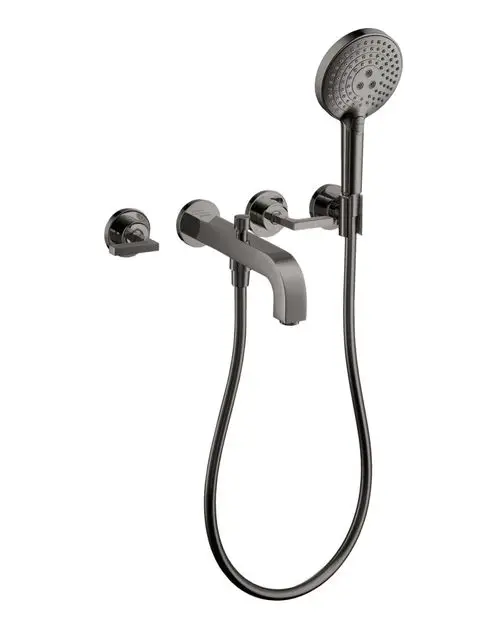 AXOR Wannenarmatur für Wandmontage in Polished Black Chrome, bestehend aus drei Teilen mit zwei Hebelgriffen und Handbrause.